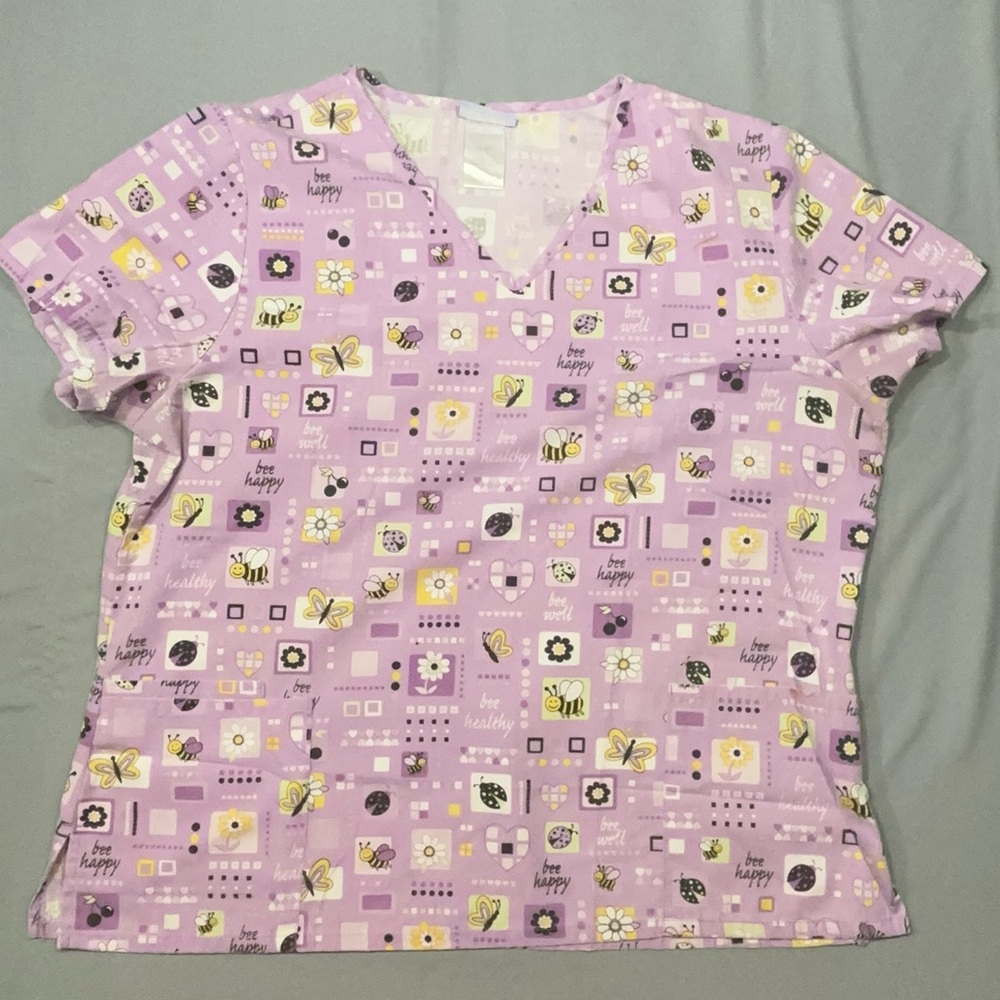 SB Scrubs Lavender Bee & Floral V-Neck Scrub Top with Yellow and White Accents